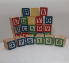 Vtg Wooden Raised Alphabet Number Blocks Classic Educational Toy 24pcs