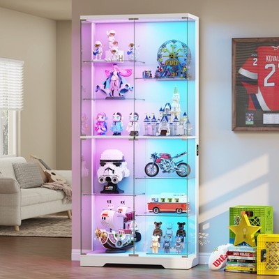 Glass Display Cabinet with RGB Lights, 10-Tier Curio Cabinet with Glass Doors
