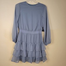 Express Dusty Blue Clip Dot Tiered Ruffle Mini Dress Long Sleeve NWT Small