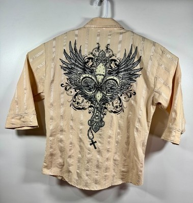Patroncito USA Mens Medium Button Up Shirt Tan Beige Stripe Fleur De Lis Wings