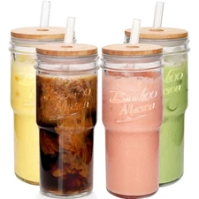 Glass Cups with Lids and Straws 4 Packs, 24oz Travel Coffee Mug Mason Jar Val...