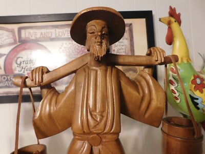 RIGHT TEAK WOOD ASIAN WATER CARRIER, 21 TALL, HANDCARVED FROM THAILAND 