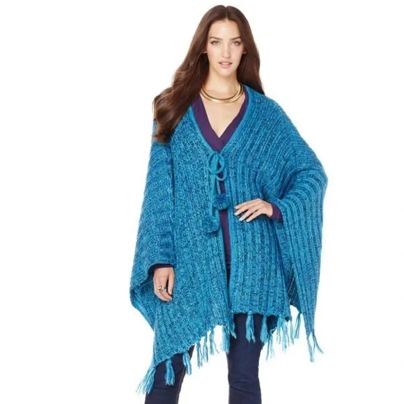 Nikki by Nikki Poulos Poncho with Pompoms 1X XL teal blue tie front View 4