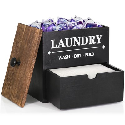 Dryer Sheet Holder with Drawer and Lid, Wood Dryer Sheet Dispenser and Laundr...