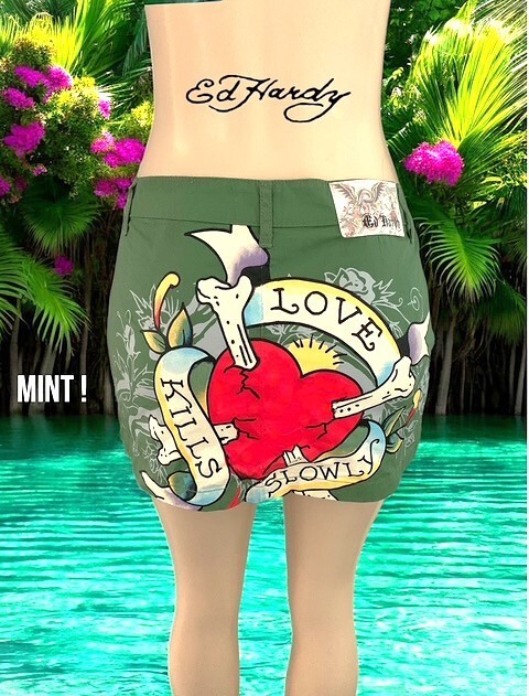Ed Hardy Olive Green Mini Skirt Love Kills Slowly Women Small - Mint !