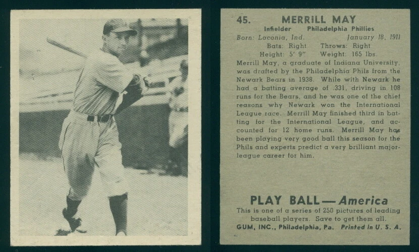 60496) 1939 Play Ball 45 Merrill May Upper Case Letters Phillies