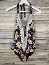Kona Sol Medium NWT One Piece Bathing Suit Boho Plunge Lace Detail Floral Tie