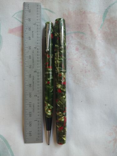 Watermans Marble Green & Red#3 Fountain Pen,14k Gold Medium Nib & Pencil  USA - 第 1/18 張圖片
