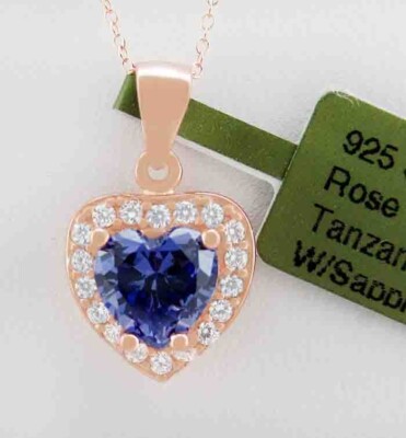 LAB CREATED 1,58 kt Tansanit & weißer Saphir Halskette 0,925 Silber (Rose) - Neu mit Etikett