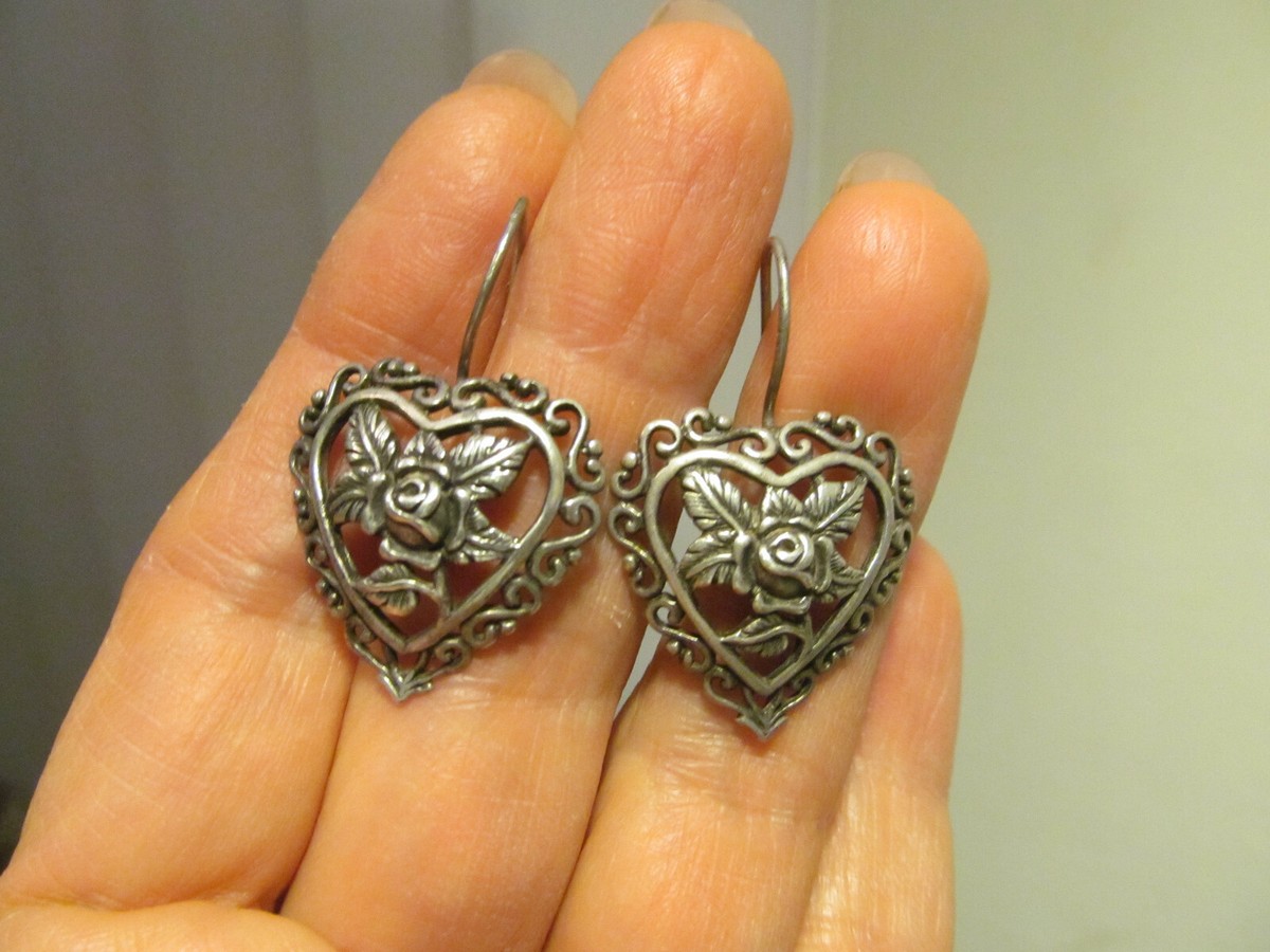 Rare Jezlaine Sterling Silver 925 Filigree Cut Out ROSE HEART Hook