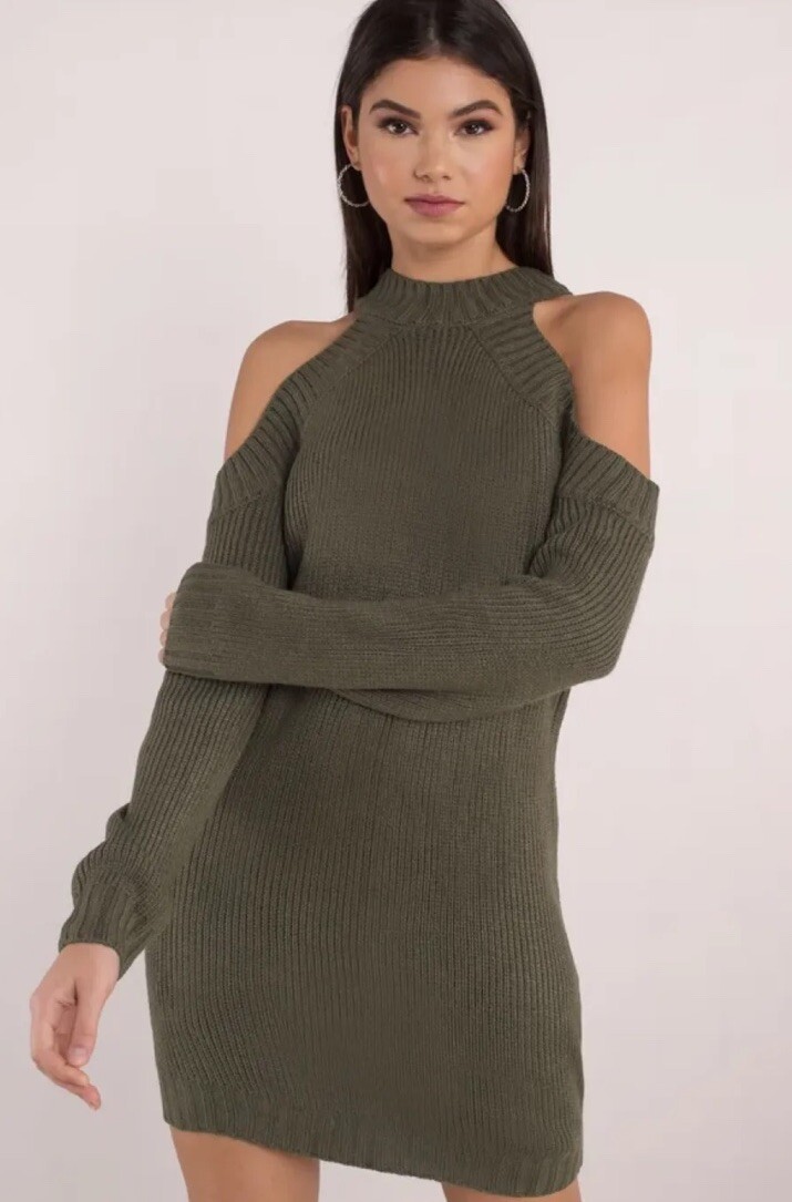 Say What Sweater Knit Dress Woman 2X Army Green Pullover Cold Shoulder Dress NWT