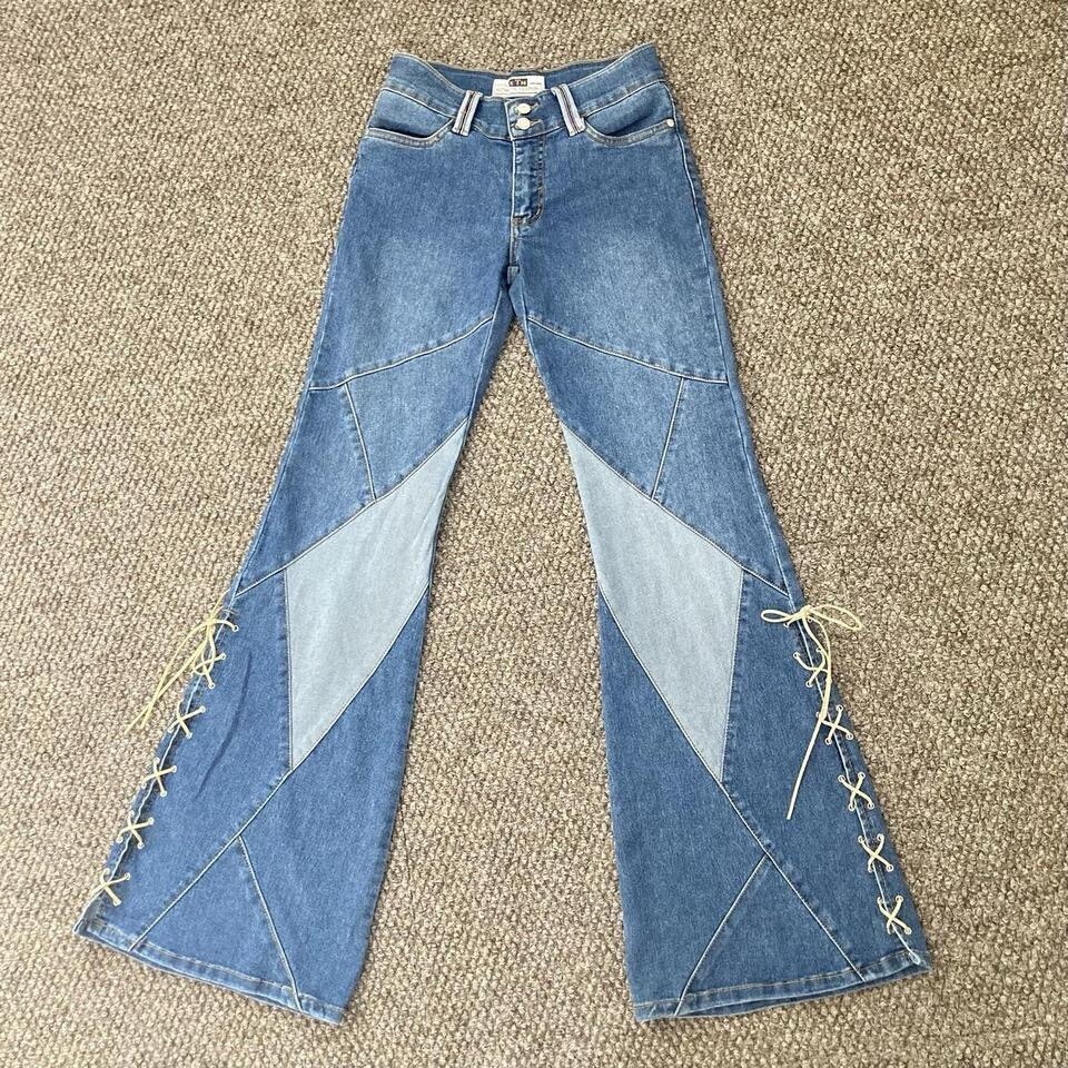 Revolt “X-TM” patchwork flare jeans with corset lace up sides Y2k Vintage