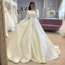 Simple Princess Wedding Dresses Boat Neck Long Sleeve Pleated Satin Bridal Gowns