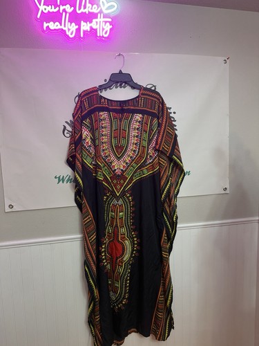Handmade Women’s Black Cotton African Print Dashiki Kaftan, One Size