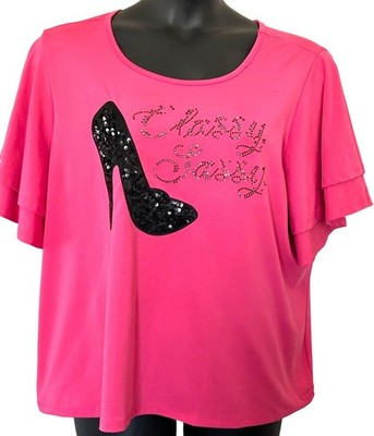 Classy Sassy Pink Top With Sequin Heel Graphic & Flutter Sleeves Scoop Neck Ligh