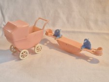 Rare Vintage Kleeware Dolls House PInk Plastic Pram & Seesaw Set 1:12th Scale