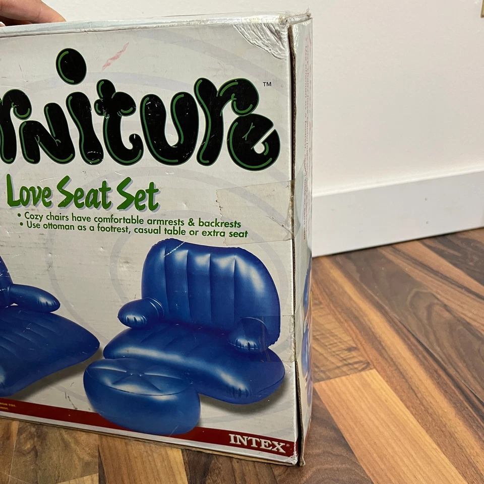 Silla inflable vintage años 90 Y2K Intex Air Furniture Jr Chair Love Seat conjunto azul Foto 2 de 4