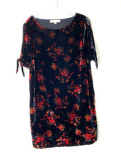 Loft Dark Floral Velvet Mini Shift Dress Size M Black Orange Slit Sleeve