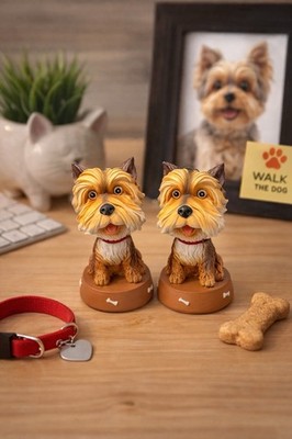 Set of 2 Yorkie Dog Figurines Hand Painted Resin Desk Shelf Decor