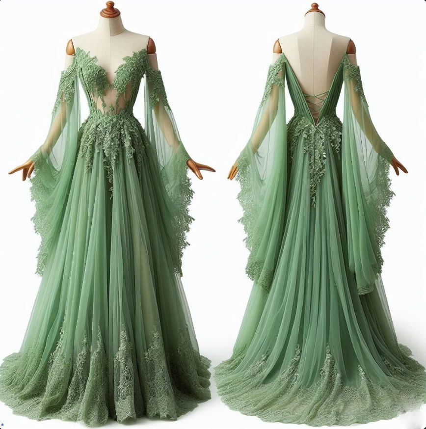 Vintage Fairy Green Wedding Dresses Long Sleeves Lace Appliques Bridal Gowns - Image 3 of 4