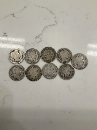 9 Barber Silver Dimes 1900s–1914 Early Dates Incl 1909 Nice Lot