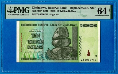 100 % Certified Authentic 10 Trillion Dollars Zimbabwe 2008 PMG Uncirculated 717