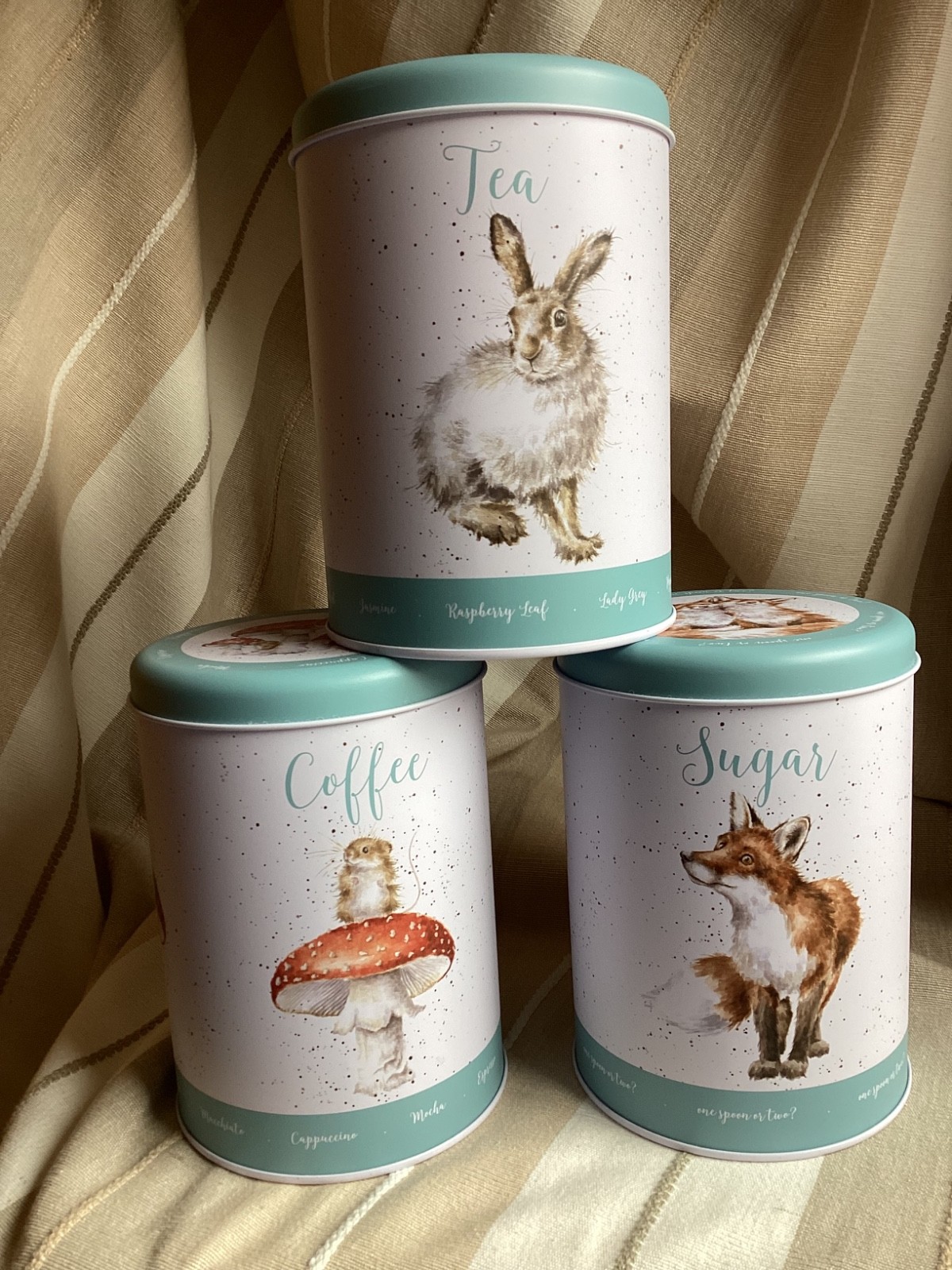 Wrendale TEA COFFEE SUGAR teal hare,fox mouse on toadstool by Hannah Dale