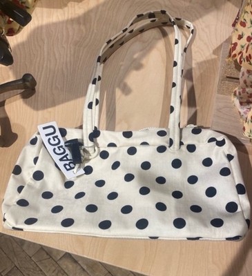 NWT Baggu Regular Nylon Bowler Bag - Cream + Polka Dot