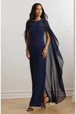 Lauren Ralph Lauren Womens Navy Blue Slit Georgette Lavati Capelet Gown Size 6