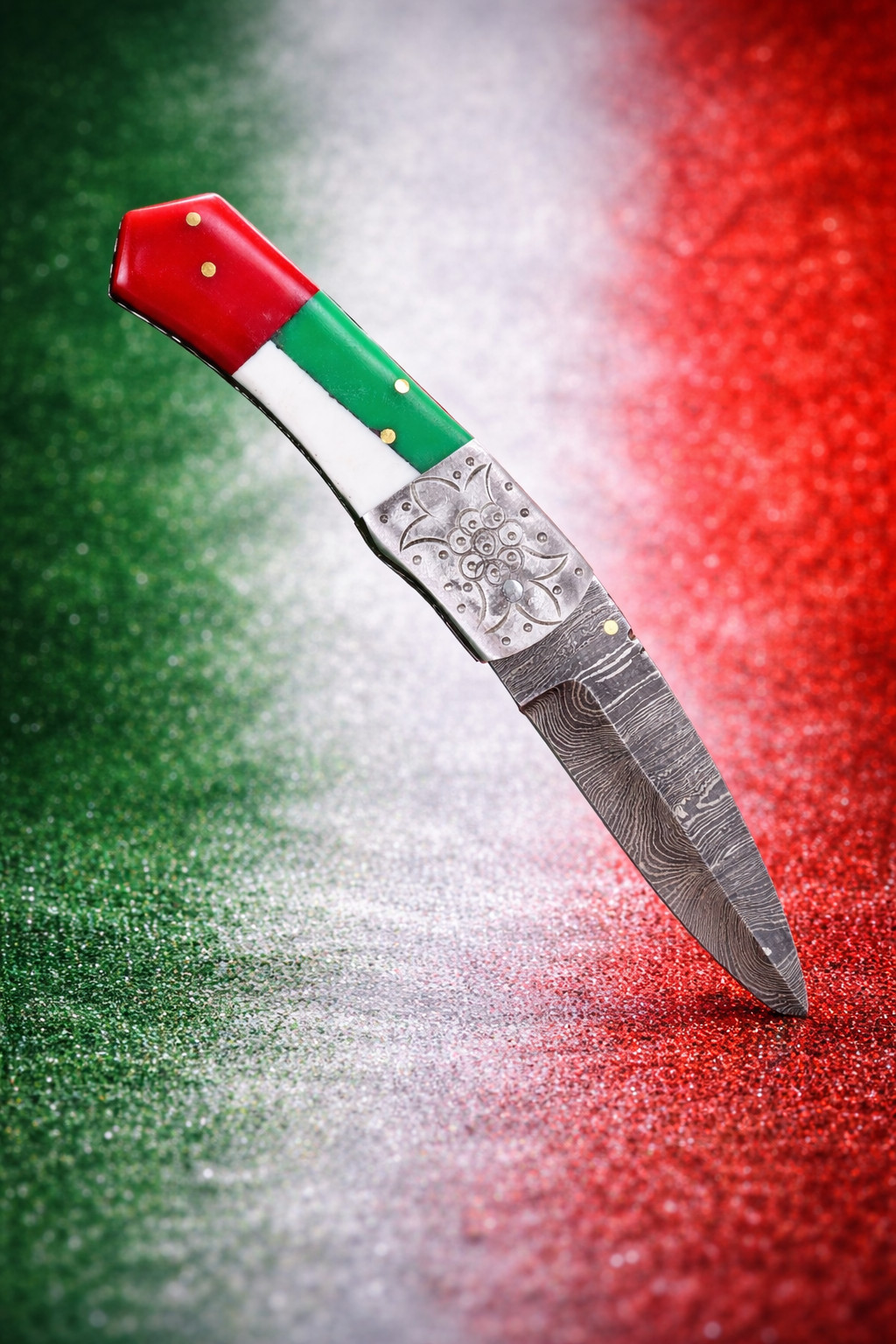 Handmade Folding Damascus Blade Pocket knife Mexican Flag Ha