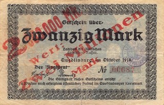 2 Millionen auf 20 Mark Quedlinburg Stadt 10.1918/1923