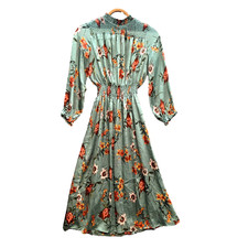 Zara Dress Womens A-line Size S Green Orange Floral 3/4 Sleeve Elastic Waist
