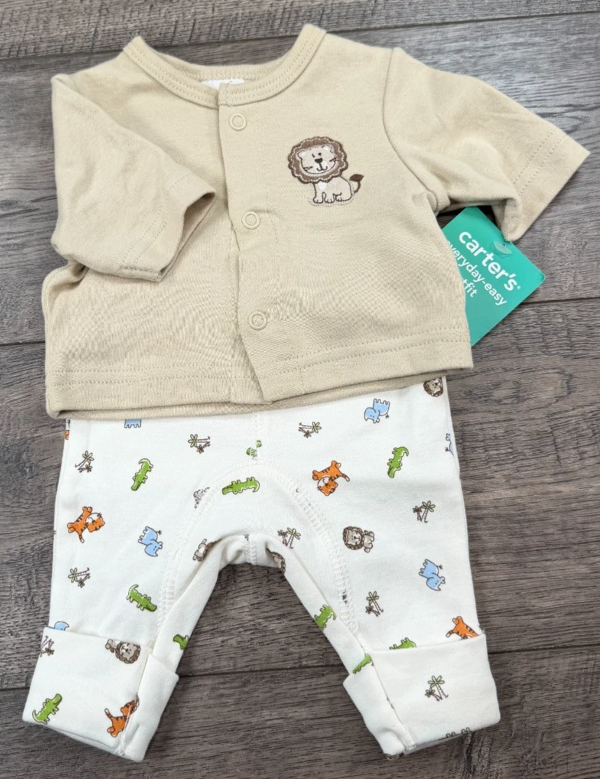 Baby Boy Clothes New Vintage Carter's Preemie Zoo Safari Animals 2pc Outfit