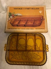Vintage Indiana Glass 5-Part Relish Tray Fruit Pattern Amber 