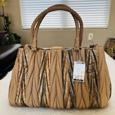 Genuine Snake Skin/Grain Brown Leather Plaided Handles Handbag/Satchels Bag