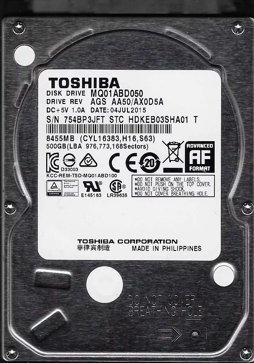 Toshiba MQ01ABD050 500GB DISK REV AGS AA50 AX0D5A SATA 3.0 Gb S HDKEB03SHA01 T