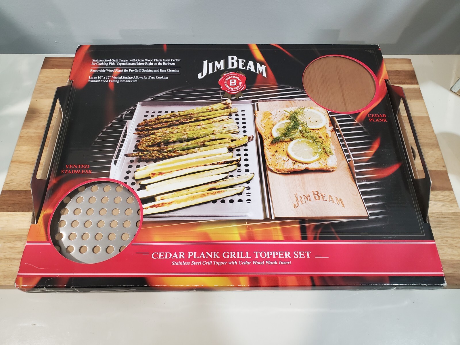 New Jim Beam Vented Stainless Steel Grill Topper with Cedar Wood Plank