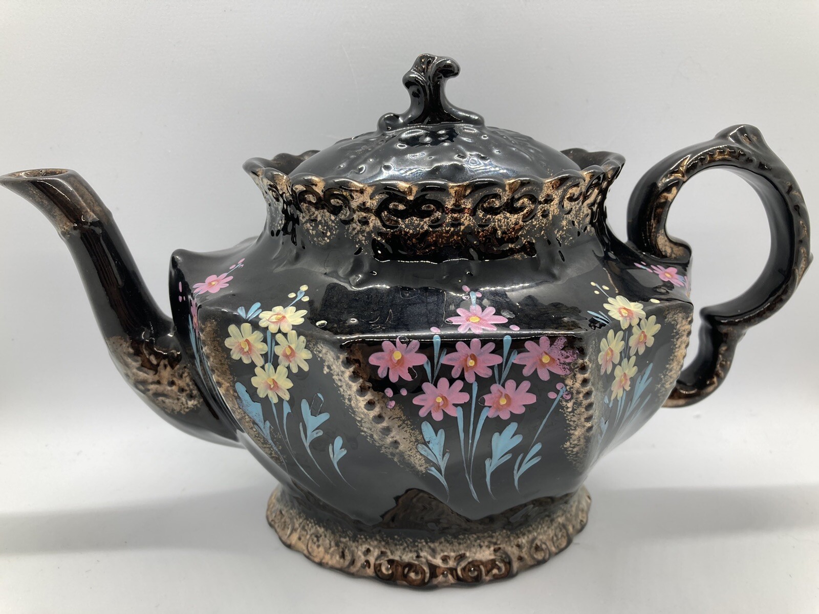 Antique Victorian Jetware Hand Painted Gilded Moriage Teapot Jackfield eBay