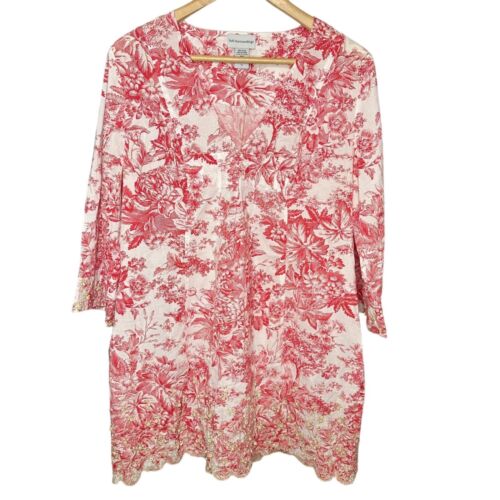 Soft Surroundings Fall Tunic Embroidered Wood Bead Detail Red White Size M