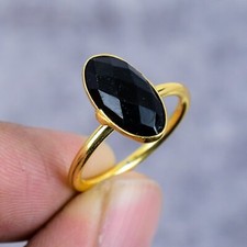 Natural Black Onyx Gemstone Handmade 925 Sterling Silver 14K Gold Ring Jewelry