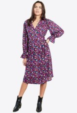 Womens Purple Floral Print Midi Tie Waist Wrap Day Evening Casual Formal Dress