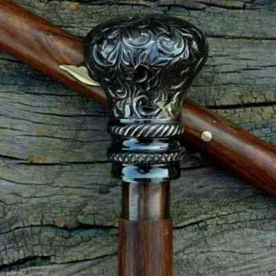 Bastone Da Passeggio Vintage In Ottone Manico In Legno
