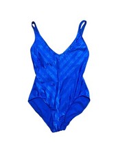 Vintage 80s Blue Striped One Piece Swim Suit. Union Made. Size 12