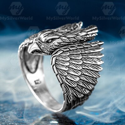 925 Sterling Silver 3D Eagle Design Biker Men's Ring