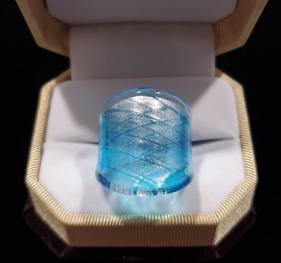 Bright Blue with Silver Fleck Cracked Paint Hand Blown Glass Bling Ring Sz 8