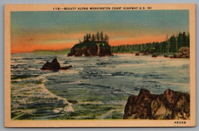 Washington Coast Highway 101 Linen Postcard