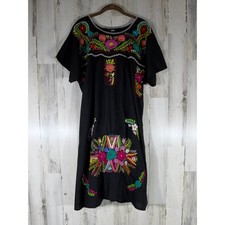 Black Mexican Floral Embroidered Puebla Dress Peasant Folk Art Bohemian One Size