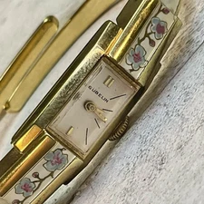 Vintage Gubelin Swiss Made Enamel Flower Women’s Gold Plate Cuff Bracelet Watch