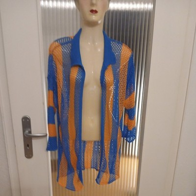 Damen Häkelstrickjacke Blau/orange Shein S/36 vertikale Blockstreifen /Lochmuste