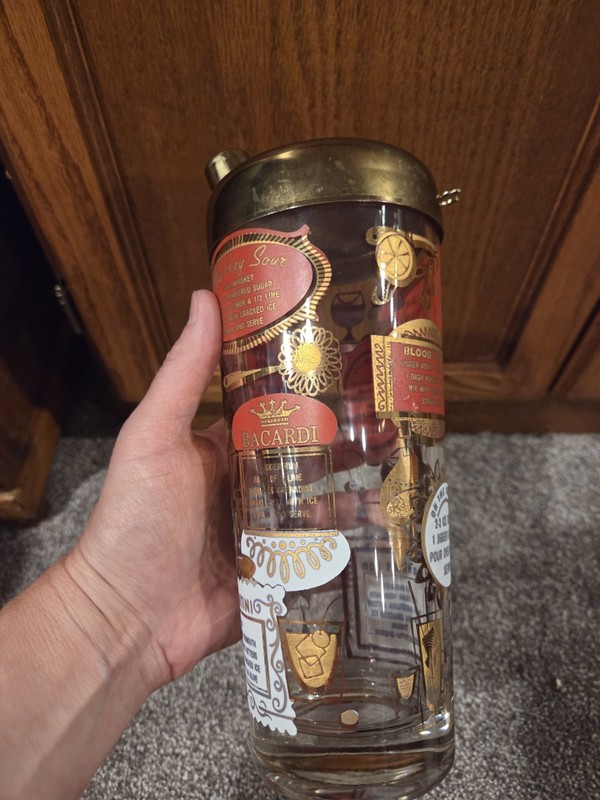8 VTG Hazel Atlas Highball Tall Glasses Recipes Gold Trim & Shaker With Lid